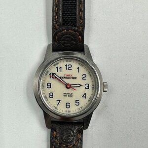 Timex Expedition Metal Mini Watch Women Silver Tone Leather Band New Battery